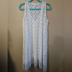 Jordan Taylor Women's Size L Swimsuit Cover up White Fringed Hem Midi Length